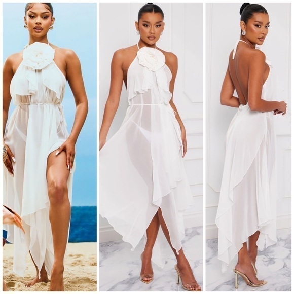 Fashion Nova Cream Sheer Halter Neck Rana 3D Rose Asymmetric Maxi Dress Sz Large - Picture 1 of 6